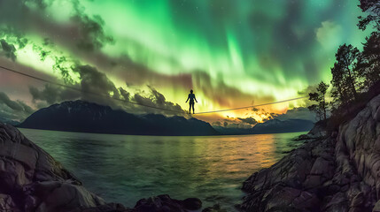 Risk-Taking Strategy Balancing Focus Amidst Northern Lights Fjord Adventure Photography Nighttime Perspective