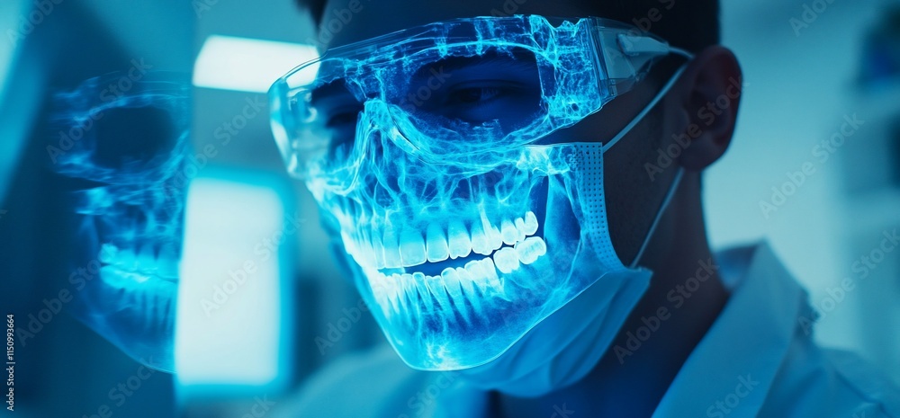 Aufkleber a scientist with an illuminated skull mask in a lab setting.