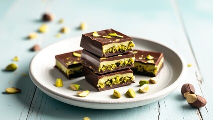Dubai chocolate Chocolate bars with pistachio filling, dark chocolate coating, green nutty interior, stacked desserts, close-up food photography, soft lighting, shallow depth of field, tempting