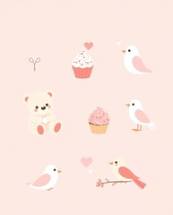 Fototapeta premium A pastel-themed Valentine icon set with teddy bears, cupcakes, and lovebirds.
