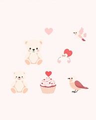 Fototapeta premium A pastel-themed Valentine icon set with teddy bears, cupcakes, and lovebirds.