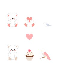Obraz premium A pastel-themed Valentine icon set with teddy bears, cupcakes, and lovebirds.