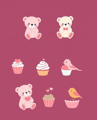 A pastel-themed Valentine icon set with teddy bears, cupcakes, and lovebirds.