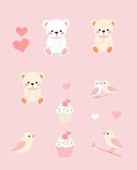 A pastel-themed Valentine icon set with teddy bears, cupcakes, and lovebirds.