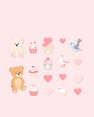 Fototapeta premium A pastel-themed Valentine icon set with teddy bears, cupcakes, and lovebirds.