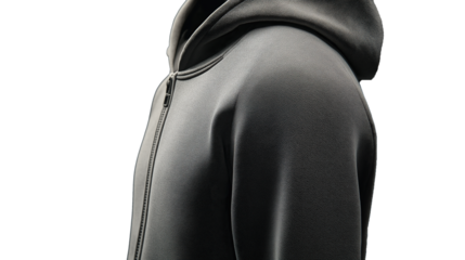 Close-up of a black leather hoodie with the hood on