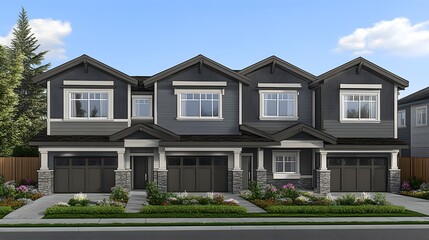 Obraz premium Modern townhouse design urban neighborhood architectural rendering contemporary style front view real estate concept