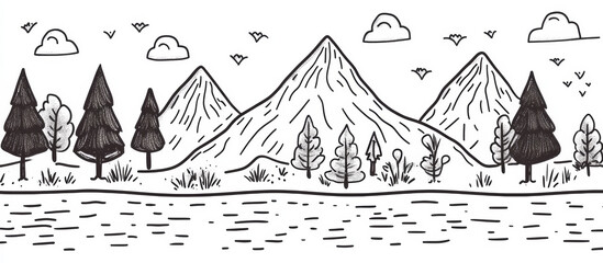 serene mountain landscape with trees and river, evoking tranquility