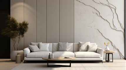 Modern and Cozy Living Room Interior Featuring a Stylish Sofa, Minimalist Decor, and Neutral Tones with Elegant Wall Design