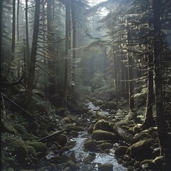 serene forest path leads through mist-covered trees in a tranquil woodland setting, road in the forest, trees, fog, dark lighting, artistic photo, Misty Fir Forest.
