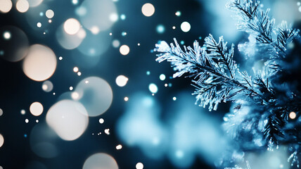 Frosted Pine Branch with Winter Bokeh Lights