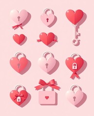 Flat Valentine icons of heart-shaped keys, locks, and decorative ribbons.