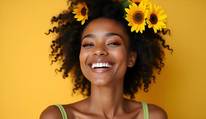 Portrait, smile and black woman with sunflowers in her hair, makeup and confident girl against a studio background. Face, female person and model with cosmetics, funny and natural care with happiness
