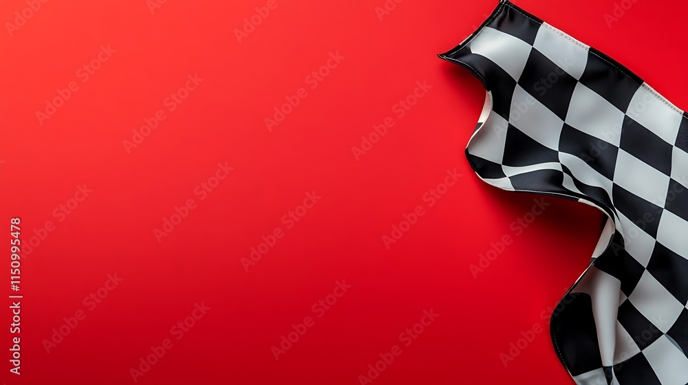 Poster checkered flag on red background, copy space.