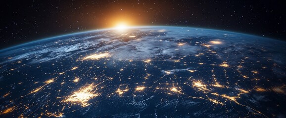 Obraz premium A stunning view of Earth from space during sunrise, showcasing city lights.