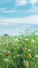 Obraz premium Wildflowers blooming in a large open field, stretching toward the distant horizon under clear skies.