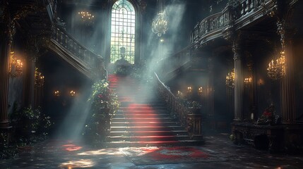 Gothic Mansion Grand Staircase. Concept of mystery, grandeur, and history.