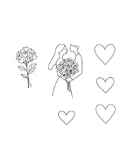Line art Valentine icons featuring a couple, a bouquet of flowers, and heart outlines.