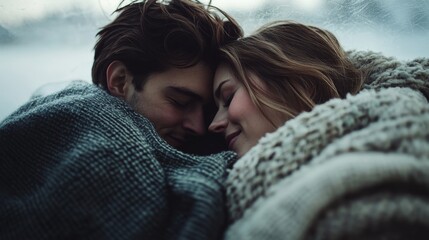 A cozy couple embraces warmly, sharing an intimate moment wrapped in blankets, evoking feelings of love and comfort in a serene setting. Couple love concept.