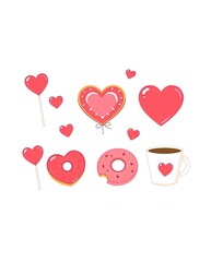 Cute Valentine icons with heart-shaped lollipops, donuts, and coffee cups.