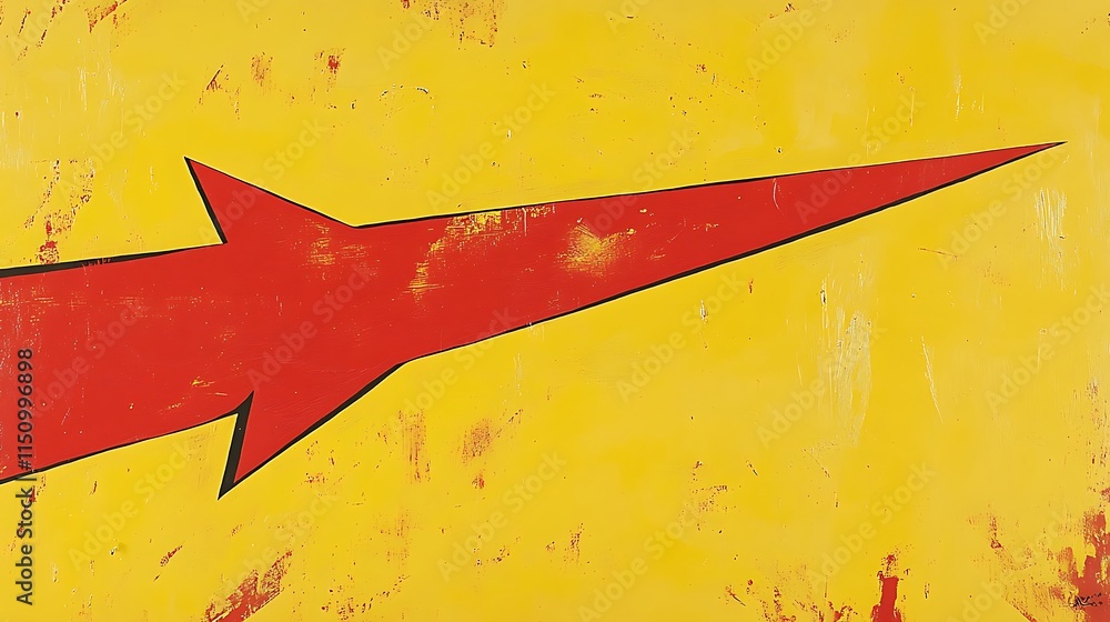 Poster abstract red arrow pointing right on yellow textured background.