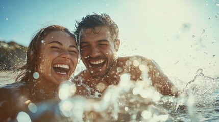 A joyful couple splashes in the ocean, laughing together, with sunlight creating a sparkling effect around them. Couple love concept.