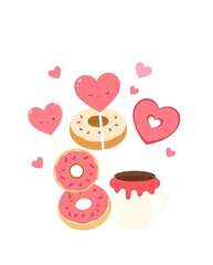 Cute Valentine icons with heart-shaped lollipops, donuts, and coffee cups.