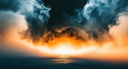 celestial body, orange planet, cloudy atmosphere, cosmic dust, ethereal glow, reflective surface, celestial ocean, surreal landscape, dreamlike scene, space fantasy, astronomical art, digital illustra