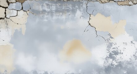 Cracked wall texture, peeling paint, weathered surface, urban decay, muted colors, gray and beige tones, distressed concrete, vintage aesthetic, grunge background, abstract pattern, textured wallpaper