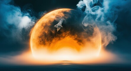 celestial body, orange planet, cloudy atmosphere, cosmic dust, ethereal glow, reflective surface, celestial ocean, surreal landscape, dreamlike scene, space fantasy, astronomical art, digital illustra