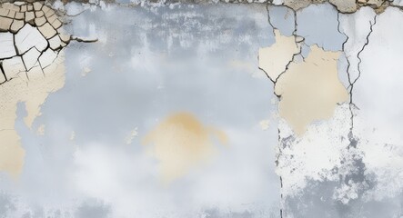 Cracked wall texture, peeling paint, weathered surface, urban decay, muted colors, gray and beige tones, distressed concrete, vintage aesthetic, grunge background, abstract pattern, textured wallpaper