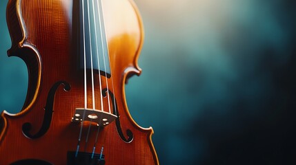 Fototapeta premium Close-up of a classic violin against a dark-teal background.