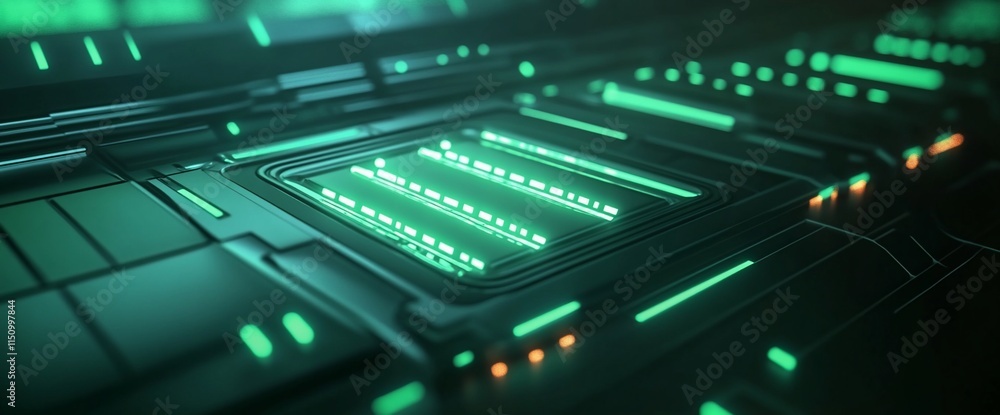 Poster abstract digital circuitry with glowing green elements and futuristic design.