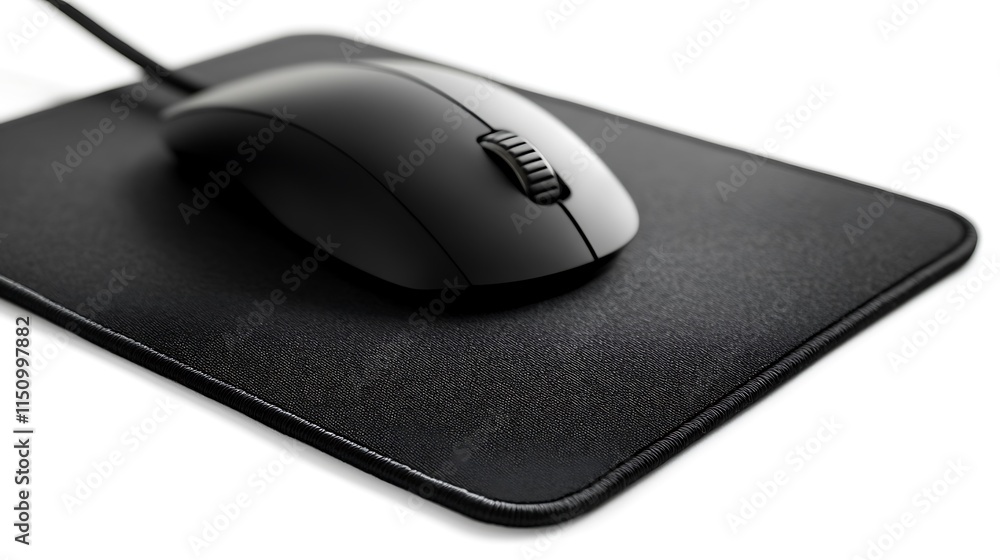 Poster Black wired computer mouse resting on a black mousepad on white background.