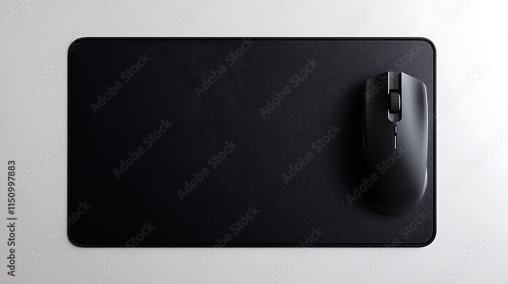 Aufkleber black computer mouse on a black mousepad on a white surface.