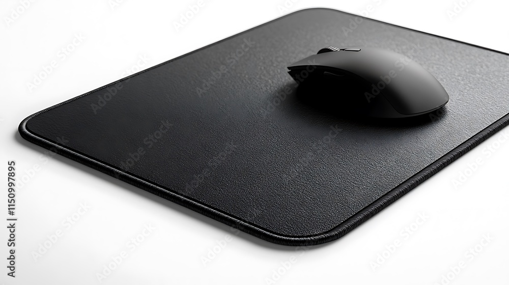 Poster Black mousepad and computer mouse on white background.