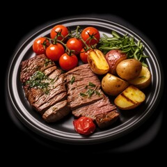 Deliciously Grilled Brazilian Meat with Fresh Tomatoes, Potatoes, and Herbs Served on a Black Plate Perfect for Food Lovers