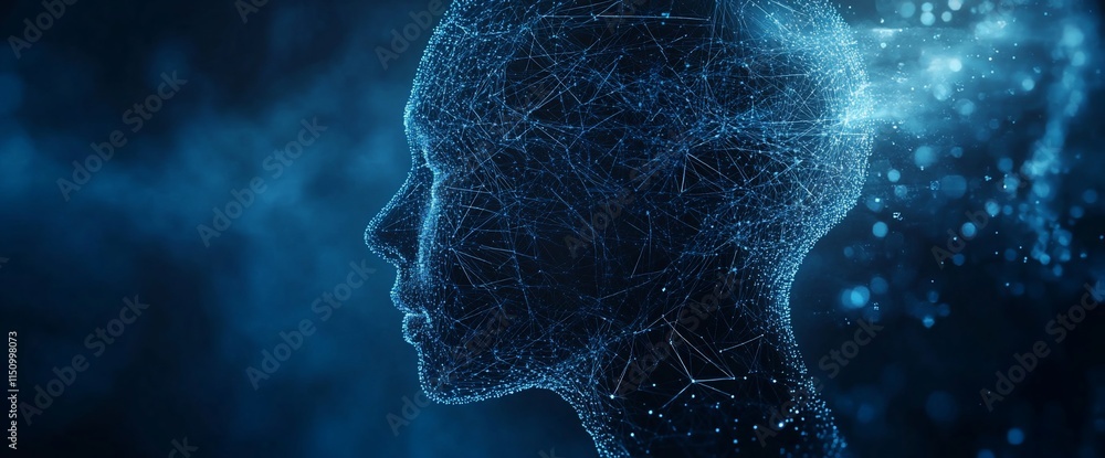 Poster abstract representation of a human head with interconnected lines and particles.