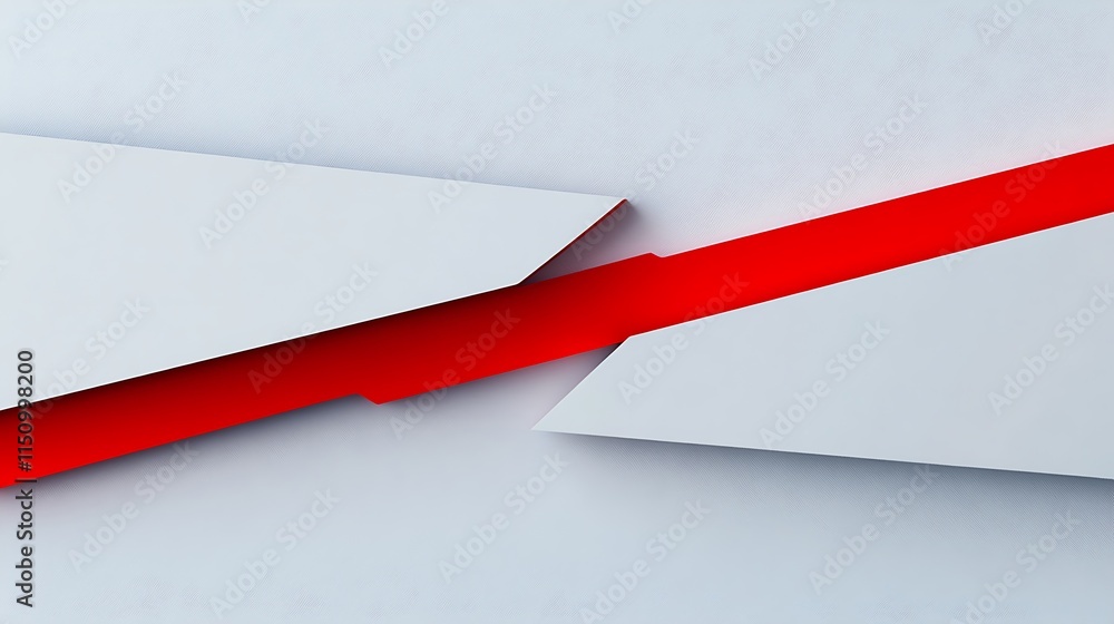 Poster abstract red line breaking through white shapes.