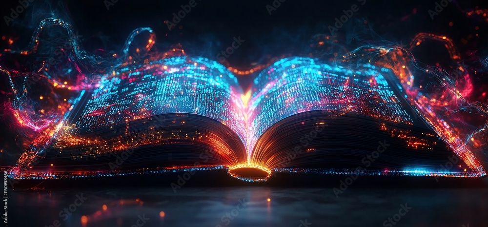 Aufkleber an open book with glowing, colorful digital data emanating from its pages.