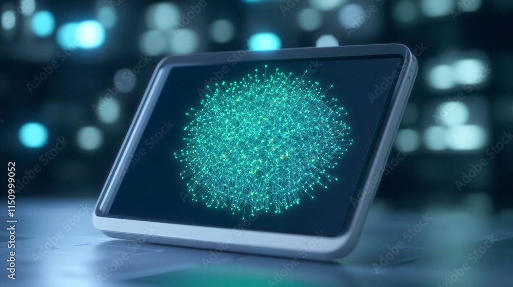 Poster a futuristic tablet displays a vibrant digital pattern, surrounded by a blurred, glowing background,