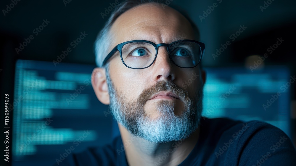 Poster a focused individual with glasses gazes thoughtfully, surrounded by digital screens displaying code 
