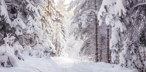 Snow-draped trees creating a picturesque winter wonderland under a pale sky.
