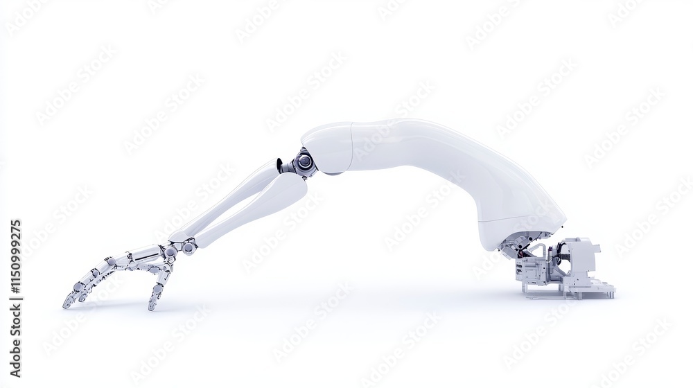 Poster a sleek robotic arm with a mechanical claw, designed for precision tasks in automated environments.