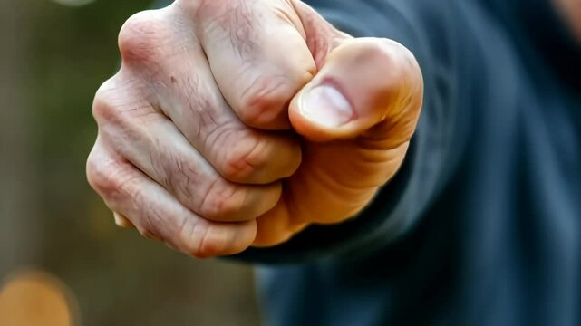 Strong fist gesture expresses determination and assertiveness in a bold stance