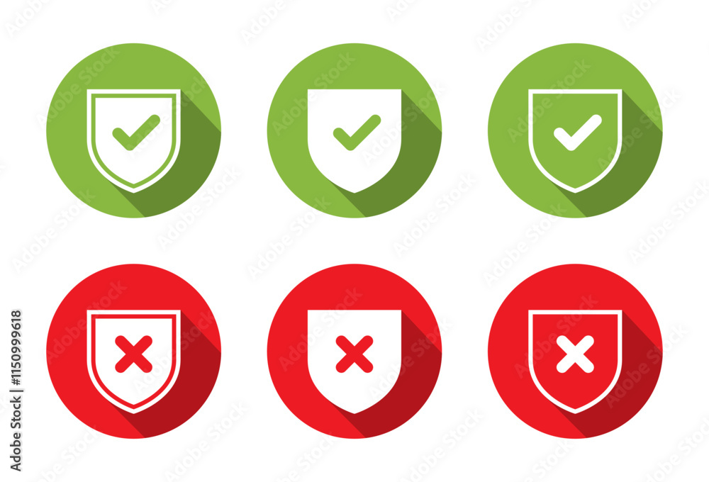 Poster shield check mark and cross icon set with long shadow. safe and unsafe concept