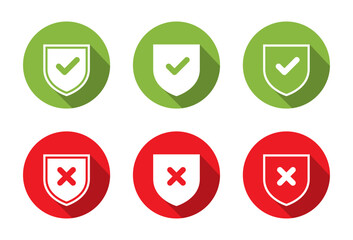 Shield check mark and cross icon set with long shadow. Safe and unsafe concept