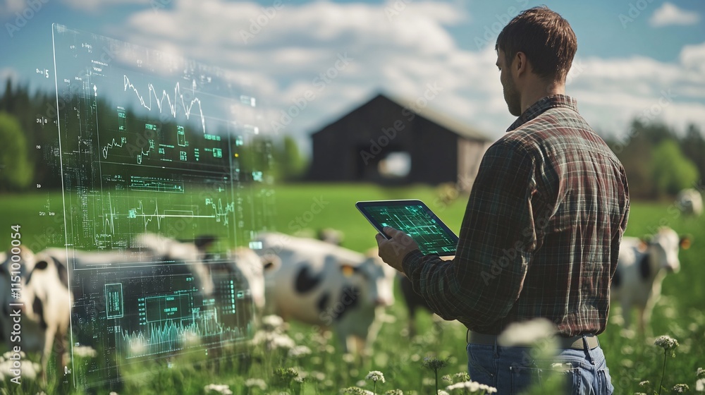 Aufkleber farmer using technology in a field with cows, blending agriculture and data.
