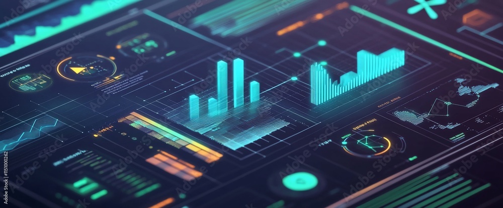Poster digital dashboard displaying data visualizations and analytics graphs.