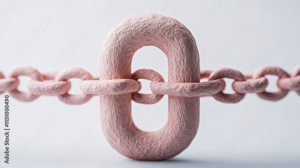Poster a close-up image of a textured pink chain link, highlighting a central link connecting two parts, sy
